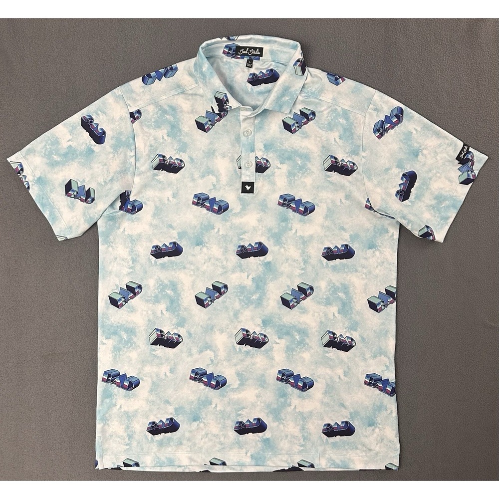 Bad Birdie Core Pro Retro BAD Polo Mens Large White with BAD all over Golf Shirt